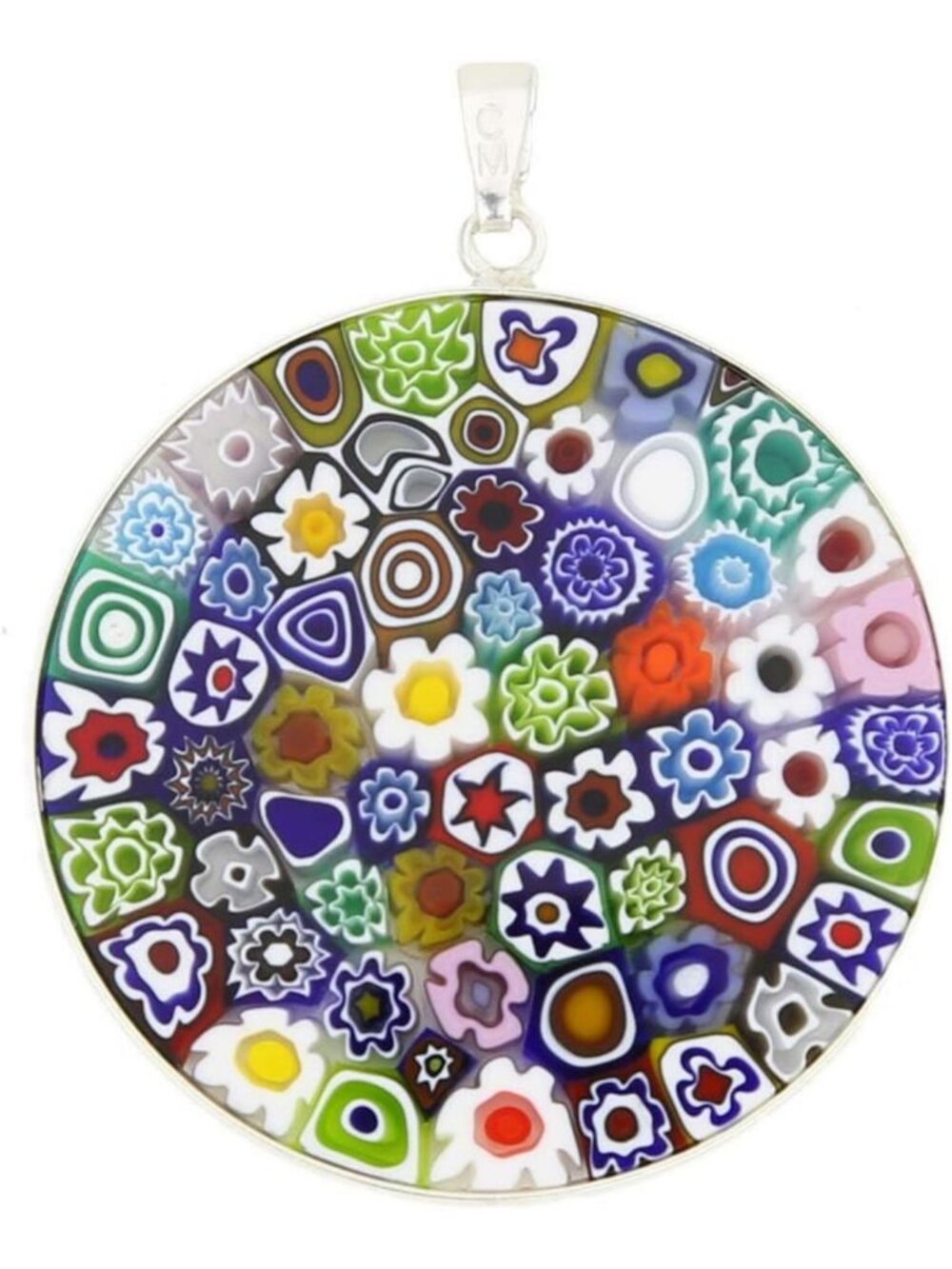 Handmade Murano Glass Millefiori Pendant Necklace - Multicolor Silver Frame, 1.5